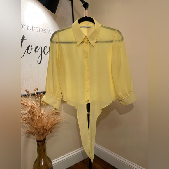 Women's Chic Half-Sleeved Chiffon-Mesh Button Down Yellow Shirt-Blouse-Top - Picture 5 of 12